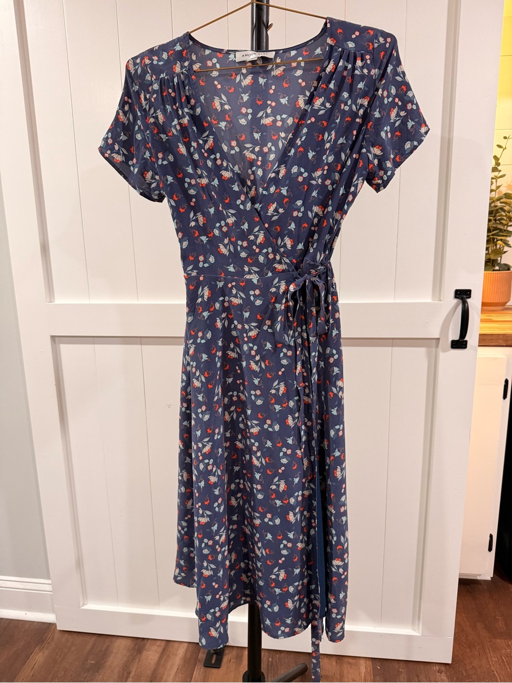 Amour Vert Navy Wrap Midi Dress with Red & Cream Floral Print
